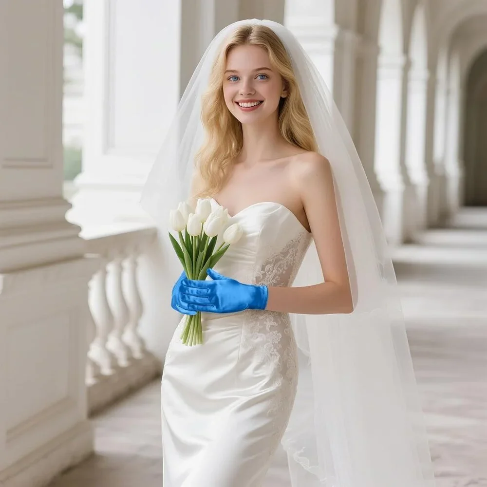 Women's Formal Short Blue Satin Gloves Bridal Wedding Banquet Party Costume